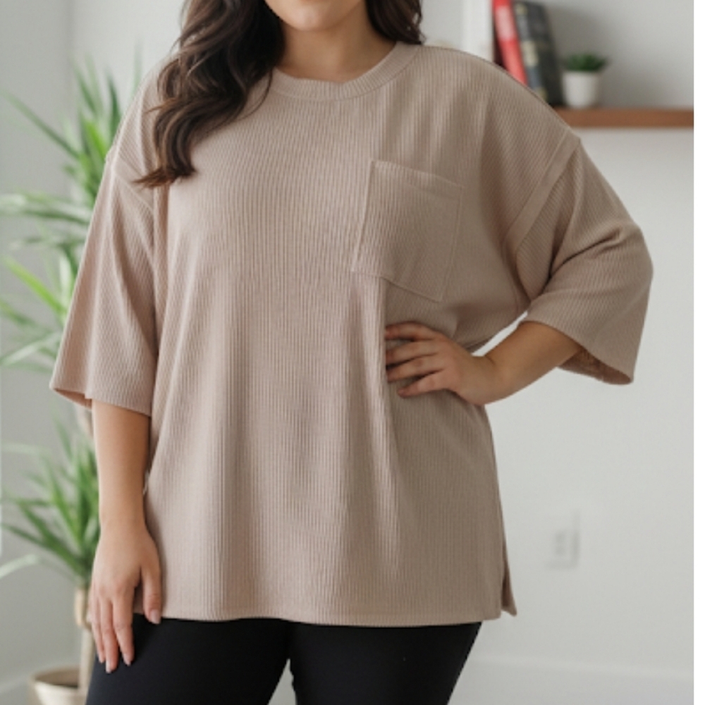 Soft Ribbed Oversized Tunic Women's 1X Beige Drop Sleeve Comfy & Stretchy